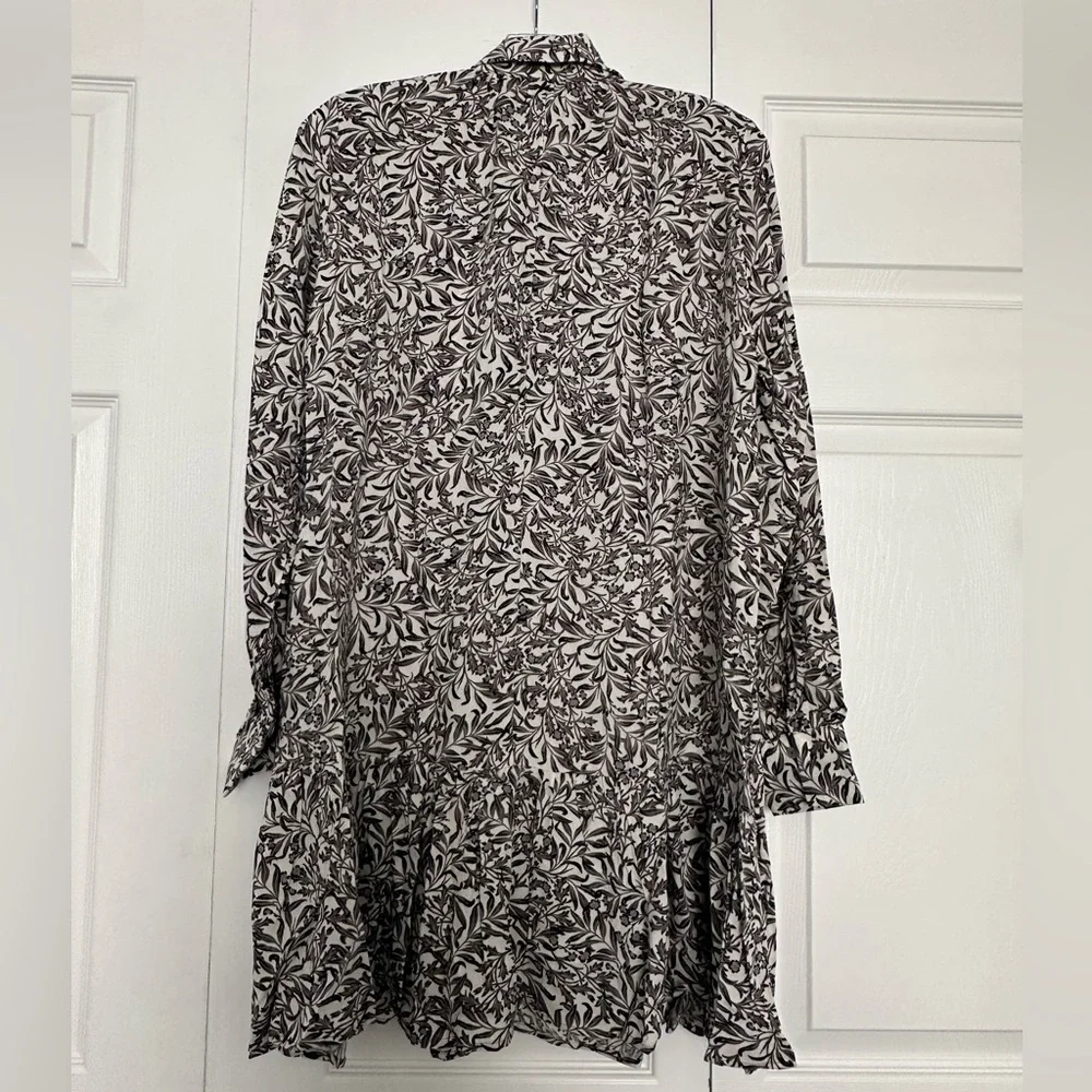 H&M Brown & White Long-Sleeve Leaf Print Dress - Size XS - Very Oversized - Picture 6 of 6